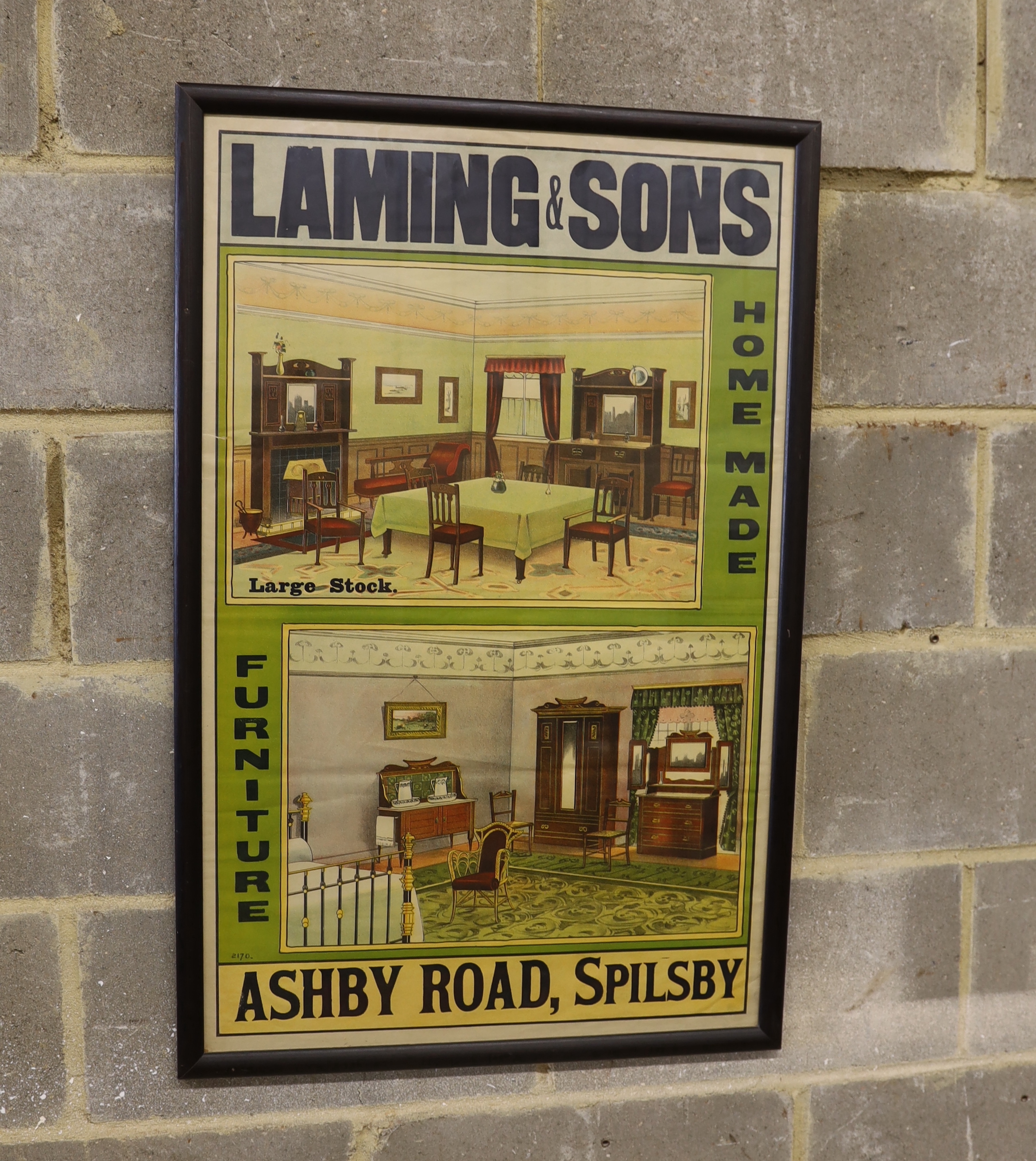 A framed and glazed advertising poster 'Laming & Sons, Home Made Furniture, Ashby Road, Spilsby', width 60cm, height 93cm